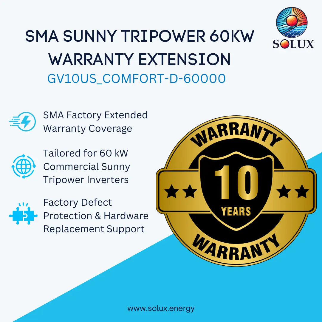 Promotional graphic for SMA Sunny Tripower 60KW warranty extension, featuring product text, feature icons, and a large gold 10-year warranty seal on a light blue and cyan background. The Solux logo is visible in the top right.